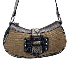 Guess Small Hobo Bag Purse Blue Jean Denim Straw Studded Buckle Closure Y2K